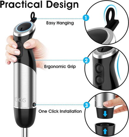KOIOS 5-in-1 Hand Immersion Blender, 1000W 12 Speed Handheld Blender Stick with Copper Motor Stainless Steel Blade, 600ml Mixing Beaker,500ml Food Processor, Whisk, Milk Frother, Non-BPA, Red