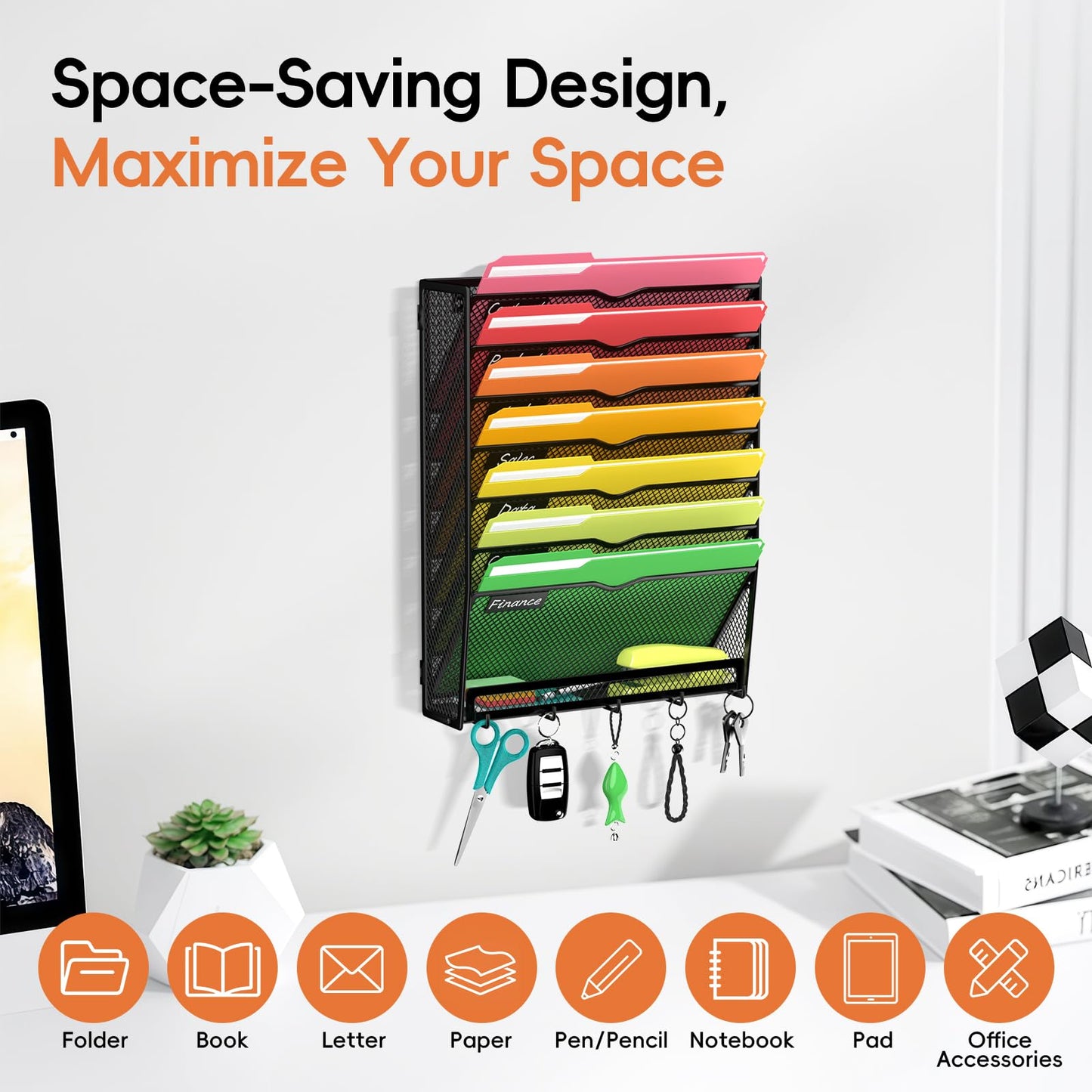 ReePlan 8 Tier Hanging Wall File Organizer, Mail Organizer Wall Mounted with Hooks, Hanging Paper Folder Holder for Office Home, Black