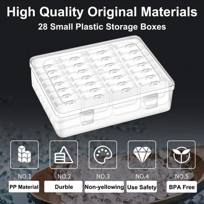 ZOQINI Bead Organizer Box, 28Pcs Small Clear Plastic Storage Containers, 1 Large Craft Organizer Box, 1 Sheet Label, Mini Parts Storage Solution for Beading Jewelry Making Diamond Arts Screws Seeds