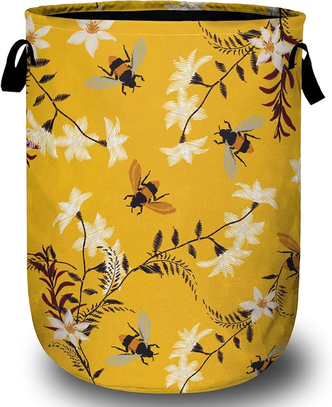 Bee Flower Laundry Basket, Spring Floral Laundry Hamper Collapsible Oxford Cloth