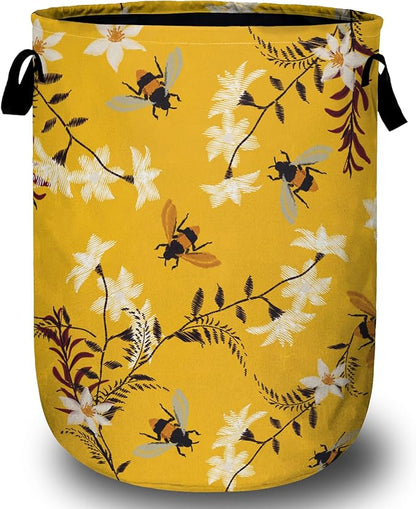 Bee Flower Laundry Basket, Spring Floral Laundry Hamper Collapsible Oxford Cloth