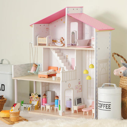 SainSmart Jr. Wooden Dollhouse for Girls, Modern Family Doll House with 37Pcs Furniture & Accessories, 3-Story Pretend Playhouse Toy Gift for Kids Ages 3+