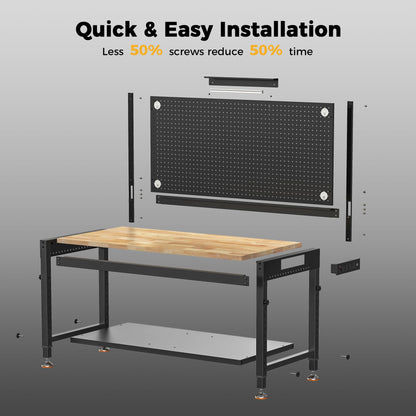 CAMMOO 48" Heavy Duty Work Bench Adjustable Height Max Load 2000 LBS with Storage Shelf for Garage Workbench, Rubberwood Tabletop with Pegboard, LED Light, Built-in Power Strip for Woodworking Shop