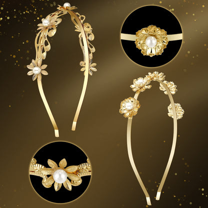 XunYee 6 Pcs Gold Leaf Headbands Set Pearl Headbands for Women Greek Goddess Accessories Flower Faux Pearls Hairband Gold Metal Prom Headpiece Crown Bridal Hairband for Women Girl (Stylish Pattern)