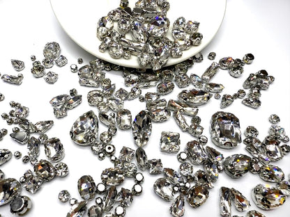 260 PCS/Pack 9 Shapes 24 Sizes Mixed Clear Crystals, Silver Sew on Glass Rhinestones,Crystal Gems Mental Flatback with Silver Claw, for Jewelry Crafts Costume DIY Garment