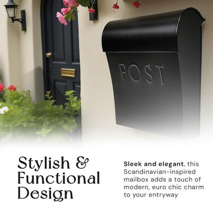 NACH Vicki Style Black Wall Mount Mailbox, Made from Heavy Duty Galvanized Metal, Waterproof & Rust-Resistant, Secure Mails & Package Storage, 12.5 x 11 x 4.5 Inches