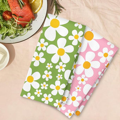 70s Retro White Daisy Floral Kitchen Towels Set of 2, Floral Aesthetic
