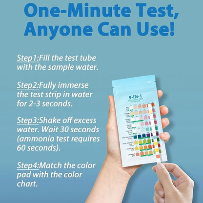10-in-1 Ammonia Test kit Aquarium (25 Multi-Test + 25 Ammonia Strips) for Freshwater & Saltwater | Aquarium Test Strips for Fish Tank,Ponds | Test Nitrate,Nitrite,Hardness,pH & More.