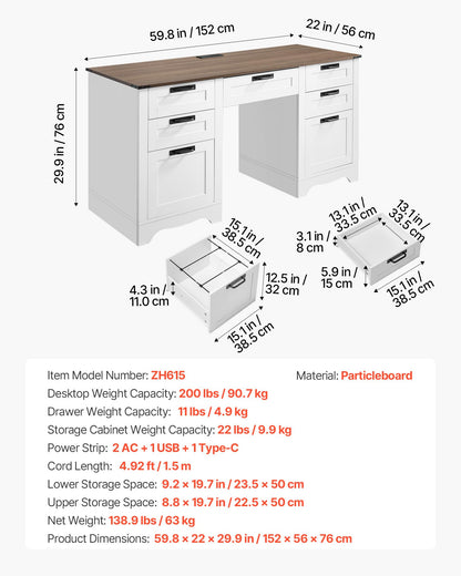 VEVOR 60" Executive Desk with Drawers, Farmhouse Home Office Desk with Charge Station, Keyboard Tray, File Storage Cabinet, 200 LBS Load Capacity Wood Table, Easy Assembly, for Work Study, Walnut