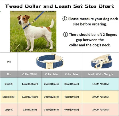 Luxury Soft Cotton Tweed Fabric Dog Collar & Leash Set with Gold Buckle – Durable Fabric, Stylish Design for Everyday Walks(Large Navy)