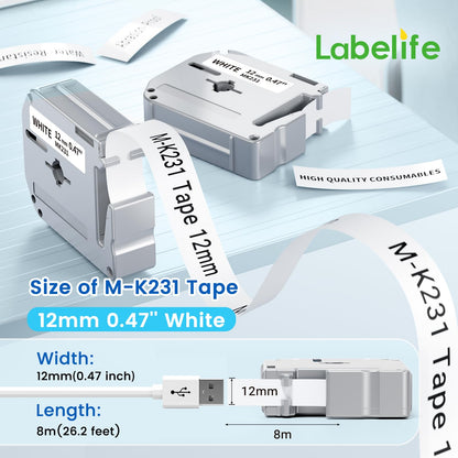 Labelife M-K231 PTM95 Label Tape Replace for Brother M Tape P Touch M-K231S M231 MK231 M-231 12mm 0.47 Inch for Brother PTouch PT-M95 PT-65 PT-80 PT-70 PT-45 PT-90 Label Makers, Black on White, 4 Pack