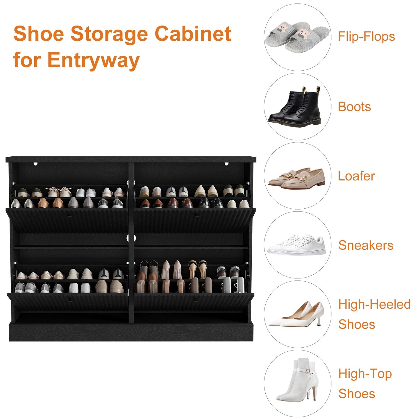 IDEALHOUSE Fluted Shoe Cabinet Storage with 4 Flip Drawers, Wooden Fluted Narrow Shoe Organizer with Adjustable and Removable Shelves, Freestanding Slim Shoe Storage for Entryway Hallway, Black