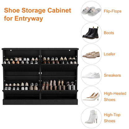 IDEALHOUSE Fluted Shoe Cabinet Storage with 4 Flip Drawers, Wooden Fluted Narrow Shoe Organizer with Adjustable and Removable Shelves, Freestanding Slim Shoe Storage for Entryway Hallway, Black