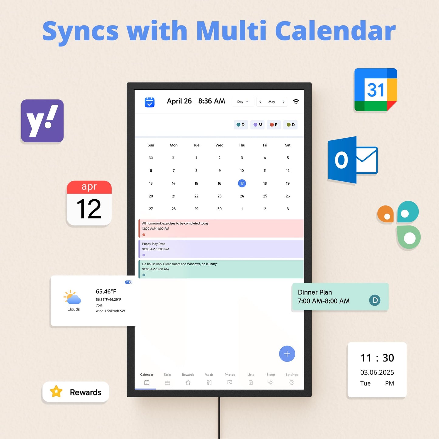 Digital Calendar 24 Inch Touch Screen, Electronic Wall Calendar Chore Chart for Family Monthly/Weekly Planner, Interactive Display Smart Calendar for Home Organization, Desk Mount Included - Black