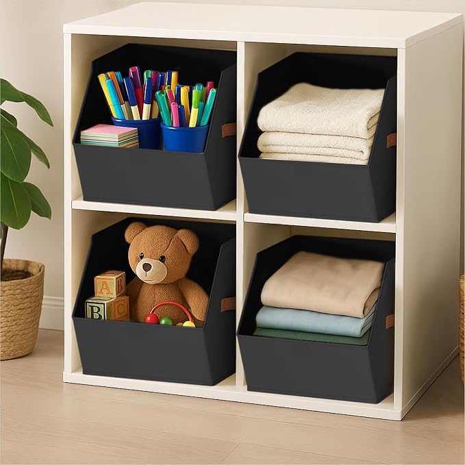 Homsorout Large Closet Storage Cubes - Closet Storage Bins with Dual Handles for Clothes, Towels, Toys, Shelf Organizer Bins for Bedroom, Nursery, Shelves, Small Spaces, Black, 6 Pack