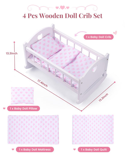 BABESIDE Wooden Baby Doll Crib for 12-16 Inch Dolls, Doll Bed with Pink Heart Bedding, Doll Furniture Baby Doll Accessories for Pretend Play, Gift for Girls Ages 3+