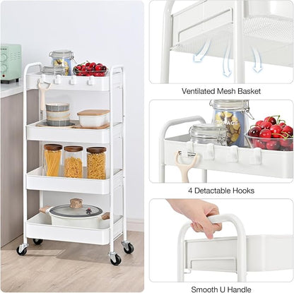 TOOLF 4-Tier Rolling Cart - Metal Storage Organizer with Lockable Wheels, 44 lbs Per Shelf Capacity, Tool-Free Assembly, for Kitchen Bathroom Office Laundry Room Nursery, White