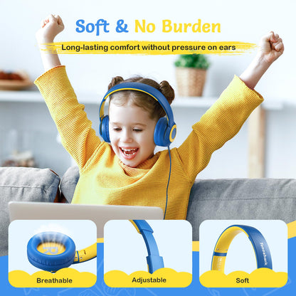 TONOSHARK Kids Wired Headphones with Microphone, Volume Limited to 85/94dB, Foldable 3.5mm Jack Headset for Girls, Pink Over-Ear Headphones for School, Study & Travel, Includes Carry Case（Blue）