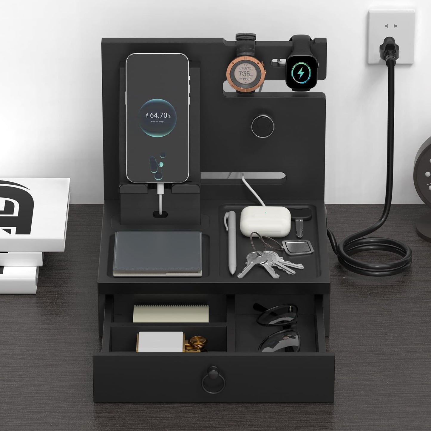 upcessory Nightstand Organizer, Wood Bedside Organizer Docking Station with USB Ports and Outlets, Gifts for Men, Nightstand Drawer Organizer for Cellphone, Watch, Sunglasses & Accessorie