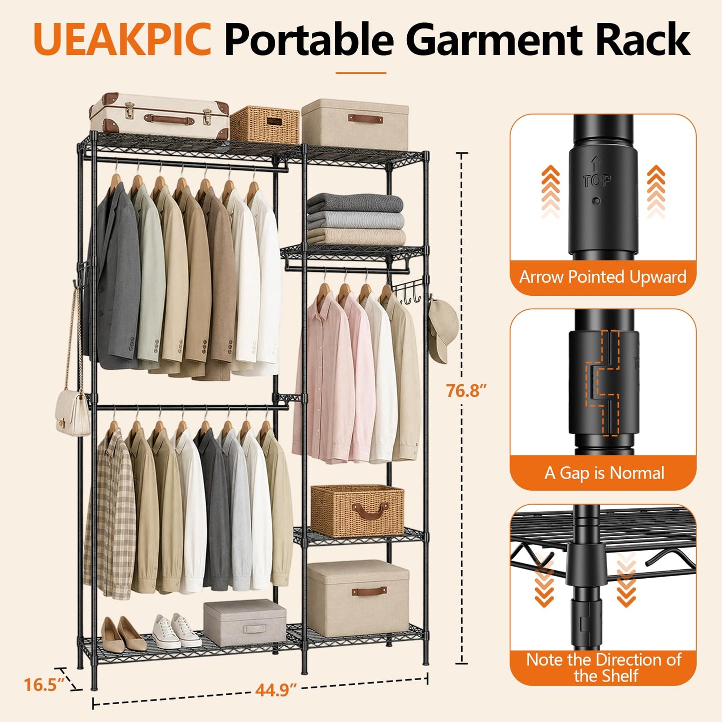 UEAKPIC Heavy Duty Clothes Rack, Portable Clothing Garment Rack for Hanging Clothes, Adjustable Storage Closet with Wire Shelves and Hanging Rods, Freestanding Closet Organizer, Max Load 700Lbs, Black