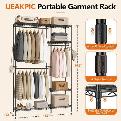 UEAKPIC Heavy Duty Clothes Rack, Portable Clothing Garment Rack for Hanging Clothes, Adjustable Storage Closet with Wire Shelves and Hanging Rods, Freestanding Closet Organizer, Max Load 700Lbs, Black