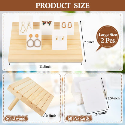 Marsui 62 Pcs Wood Earring Display Stand Earring Card Display 2 Sets of Holder with Cards Jewelry Stands for Selling(Wood Color)