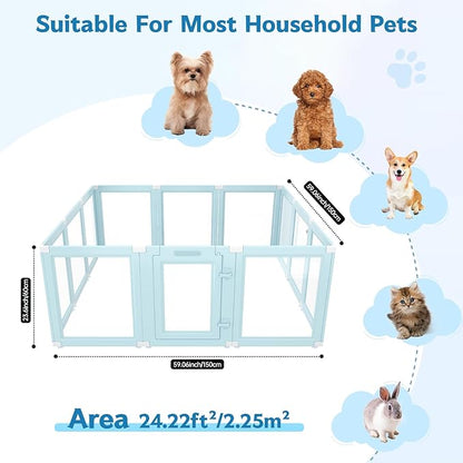 DIY Clear Acrylic Dog Playpen Indoor, Transparent Easy Cleansing Puppy Fence with Suction Cup, Easy-Assemble Indoor Whelping Crate for Small Puppies (23.6" H, 12PCS), Blue