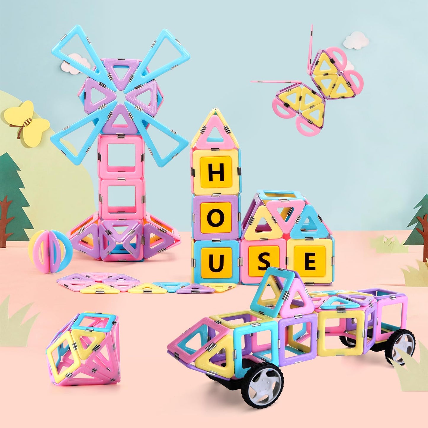 Magnetic Tiles Building Blocks Toys for Kids, 136 Pieces 3D Creative Castle Construction Magnetic Stacking Set Preschool Intelligence STEM Toys for Girls Boys Age 3years and Up (Educational Set)