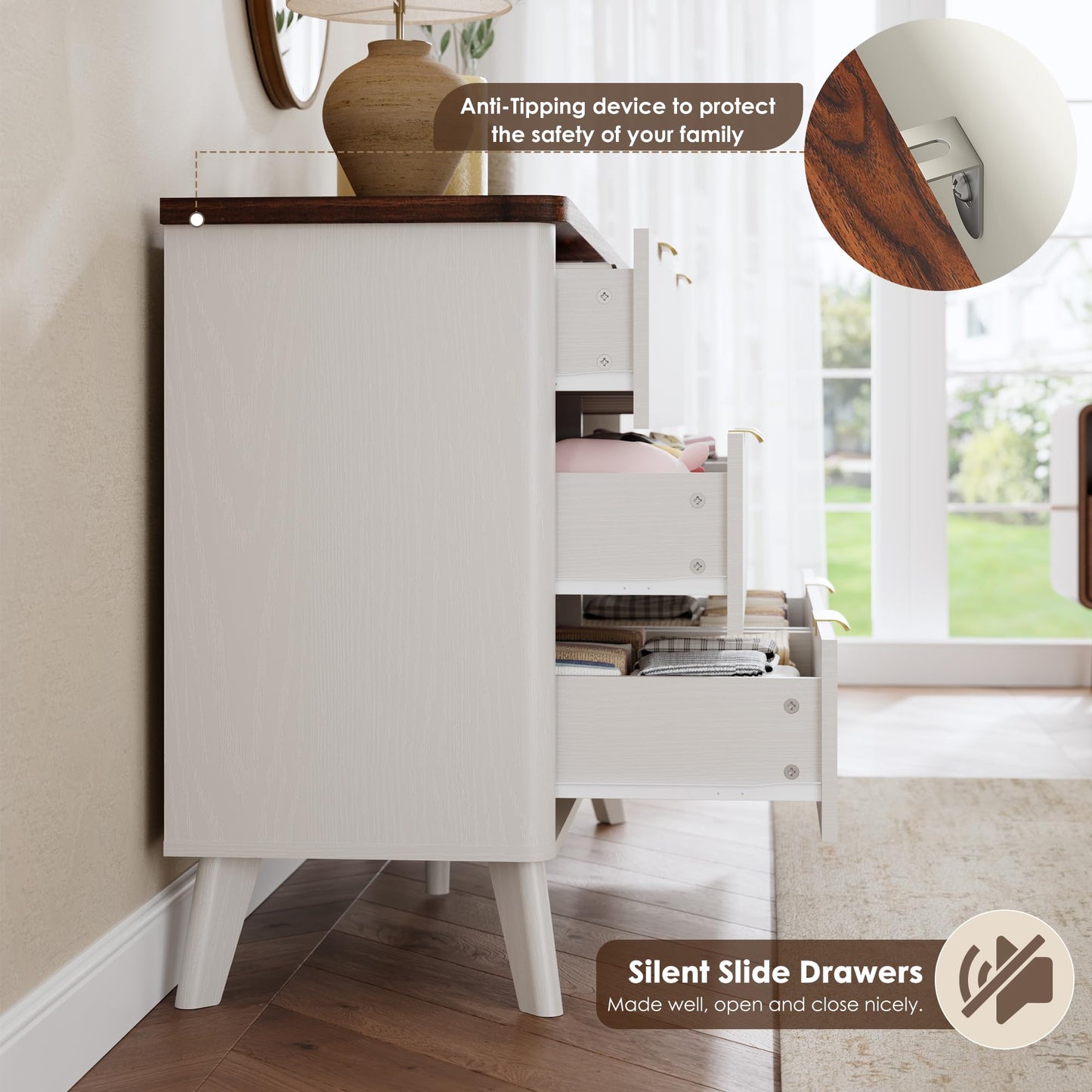 GarveeHome Fluted Dresser for Bedroom with 6 Deep Drawers, 47.2" Wide Modern Chest of Drawers, Wooden Dresser TV Stand, Curved Profile Design, for Living Room, Kids Room, Hallway, White