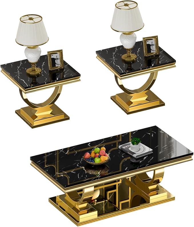 3 Piece Living Room Table Set Include 1 Faux Marble Coffee Table & 2 End Tables, Modern Black Gold Coffee Table Set of 3 with Double O Shape Stainless Steel Pedestal Base