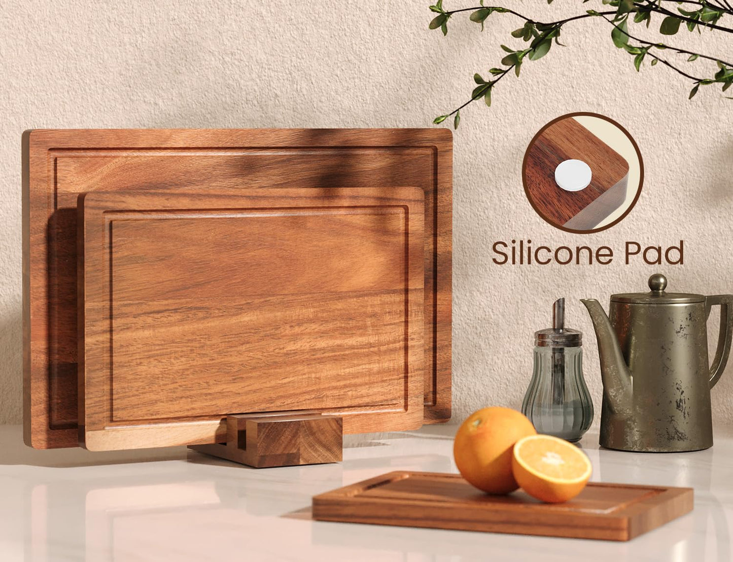 Danfoxer Set of 3 Acacia Wood Cutting Board Set,Wooden Chopping Boards with Juice Groove and Stand Holder for Kitchen,Butcher Block for Meat,Vegetables, Fruit