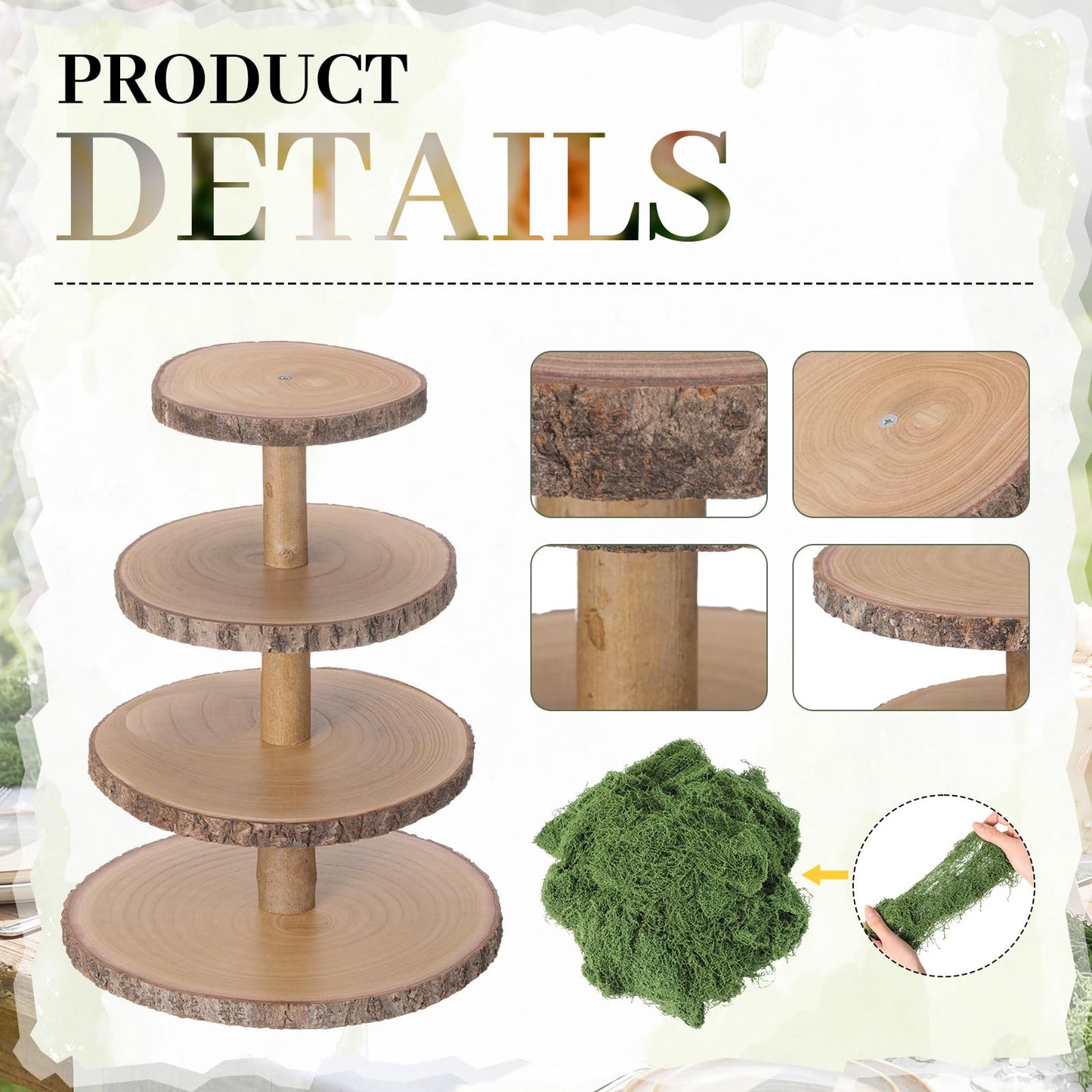 Wenqik 4 Tier Wooden Cupcake Stand Rustic 17 Inch Natural Wood Display Tower Stand with 7 oz Fake Green Faux Moss for Woodland Baby Shower Wedding Birthday Party Decor Garden Dessert Table Centerpiece