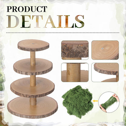 Wenqik 4 Tier Wooden Cupcake Stand Rustic 17 Inch Natural Wood Display Tower Stand with 7 oz Fake Green Faux Moss for Woodland Baby Shower Wedding Birthday Party Decor Garden Dessert Table Centerpiece