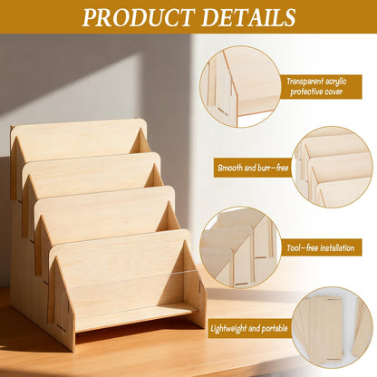 MegoSage 4-Tier Wooden Sticker Display Stand,Tiered Display Stand, Sticker Organizer Rack for Stickers, Greeting Cards, Postcards, Brochures, Photos & Jewelry, for Retail Counters and Vendor Events