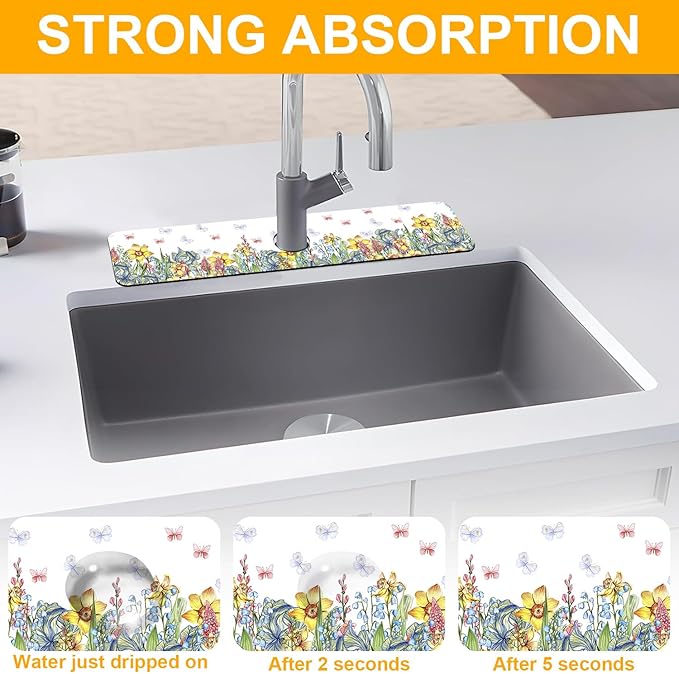2 Pack Butterfly Floral Sink Splash Guard Faucet Mat Rose Lily Tulip Peony