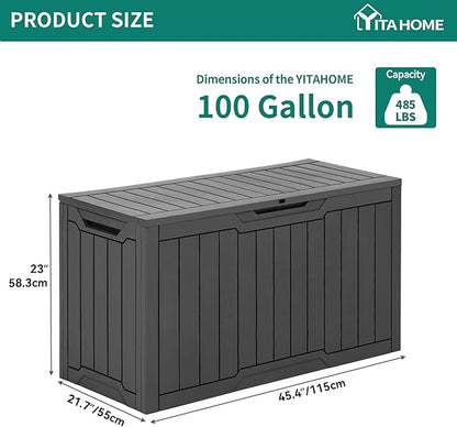 YITAHOME 100 Gallon Resin Deck Box, Weather Resistant Outdoor Storage Box, Lockable Indoor Outdoor Storage for Supplies and Essentials, Dark Gray