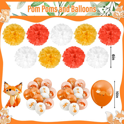 Outus 79 Pcs Fox Theme Birthday Party Decorations Woodland Fox Animal Supplies Kit Include Happy Birthday Banner Pom Pom Flowers Hanging Swirls Latex Balloons Cupcake Topper