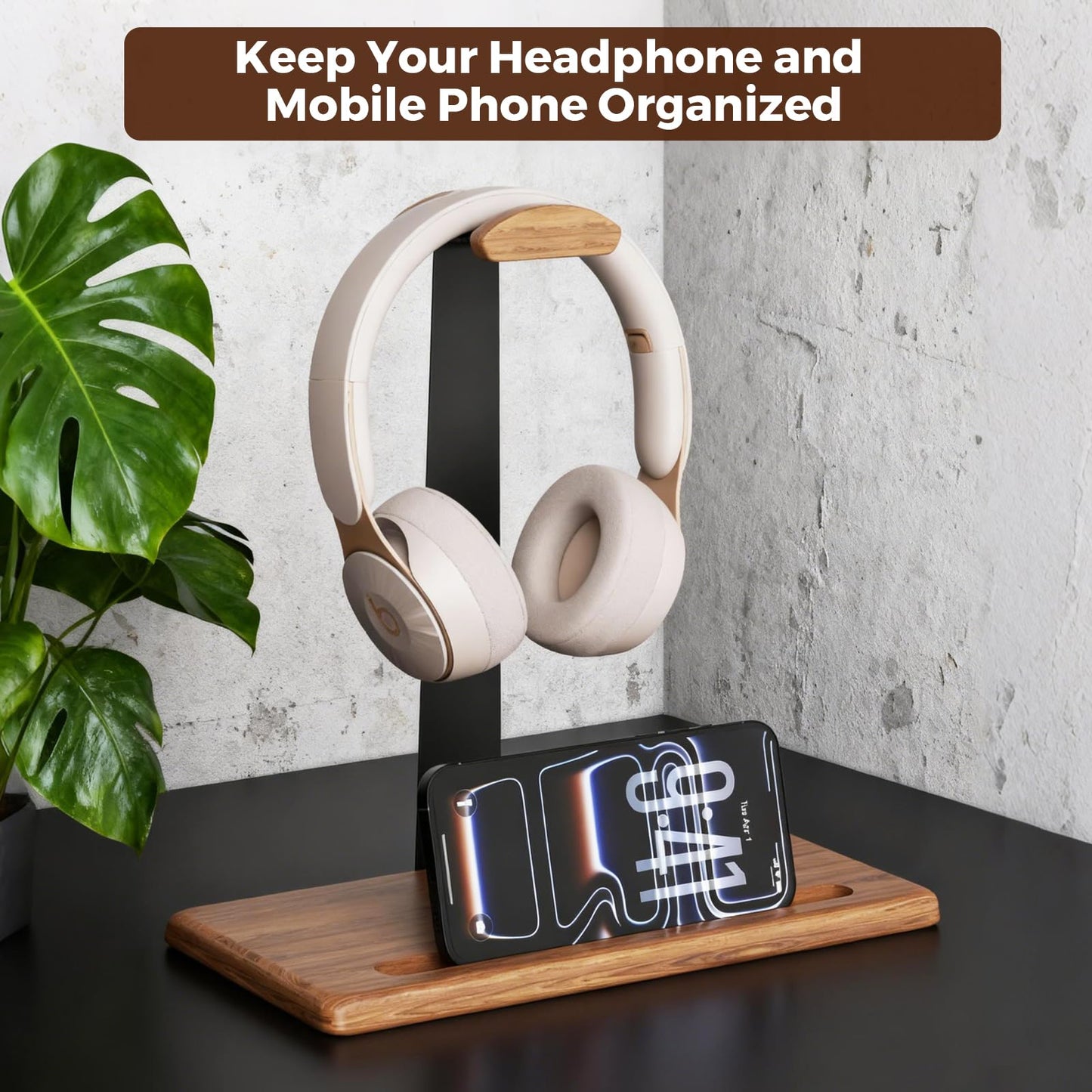 DEMEGA Walnut Headset Stand for Desk with Phone Holder | Headphone Stand Headphone Holder (Natural Wood)