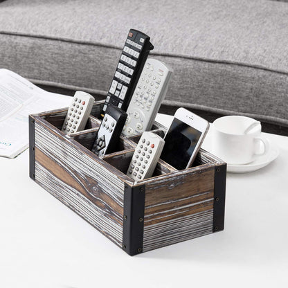 MyGift Remote Control Holder with 5-Compartment, Media Storage Organizer Remote Caddy with Black Metal Corner Wraps, for Table, Desk, Rustic Torched Wood