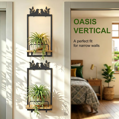 Shineled Wall Planter for Indoor Plants 2 Pack, Wall Mounted Plant Holder for Small Plants, Floating Wall Shelf for Plants, Real Oak Wood, Magnetic Animal Decor, Home Wall Decor (Bird)