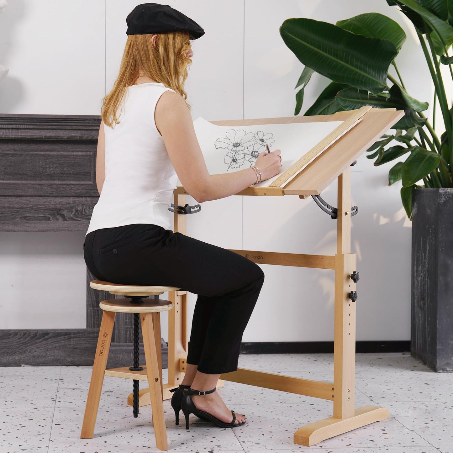 conda Adjustable Height Wooden Drafting Stool 20" to 25", Beech Wood Artist Stool for Drafting, Painting, Office, Studio, Kitchen, Bar, and Home Use