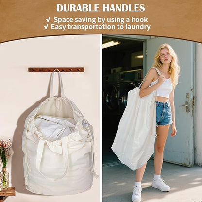 Canvas Laundry Bags with Handles & Rectangular Base, Washable Canvas Drawstring
