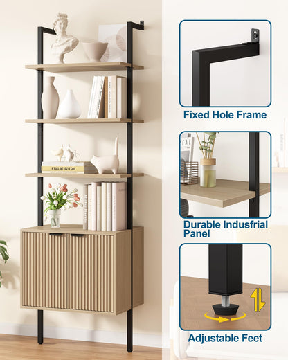 Yusong 73" Tall Bookshelf with Cabinet, Industrial Ladder Wall Mount Shelf Bookcase with Wood and Metal Frame, Plant Shelf Wall Storage Display for Living Room Bedroom, Wavy Light Ivory