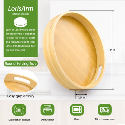 LorisArm 12 inch Round Serving Wooden Tray with Handles, Bamboo Decorative Ottoman Tray Serving for Serving Beverages & Food on Bar Living Room Home Dining Table.