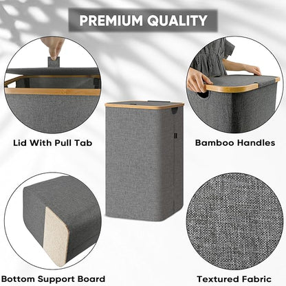 BALEINE Laundry Hamper with Lid, Tall Laundry Baskets with Bamboo Pull Handles