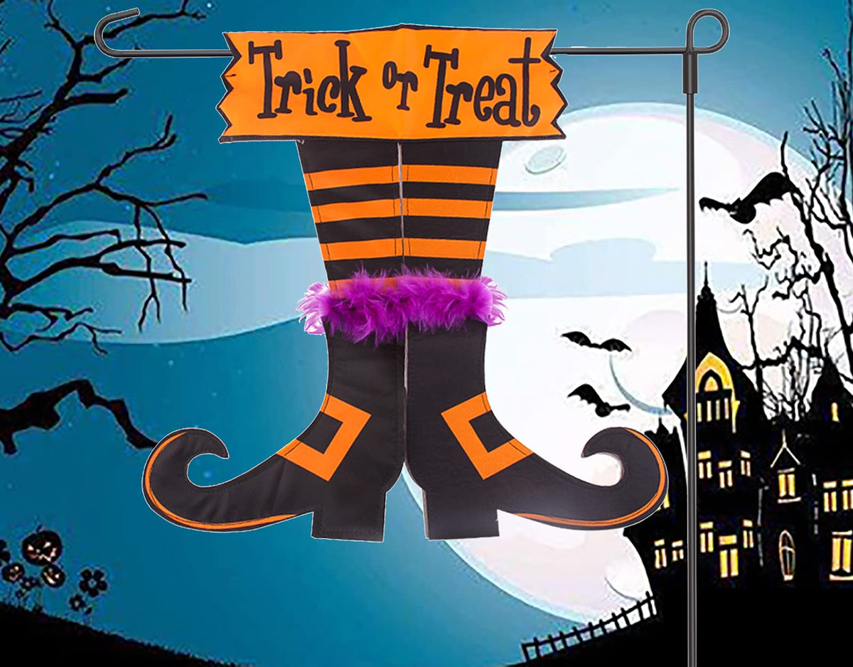 Happy Halloween Graden Flag Trick Or Treat Witch Feet Yard Outdoor Banner Decorations Home Decor Double Sided (Garden flag)