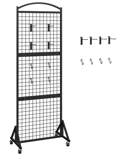 CHOEZON Foldable Grid Wall Panel 1.9' x 5.6' FT, Movable Gridwall Display Rack, Wire Grid Rack on Wheels, Retail Display Stand, with 4 S-Shaped Hooks and 4 Garment Hooks, Black TCJ37BB