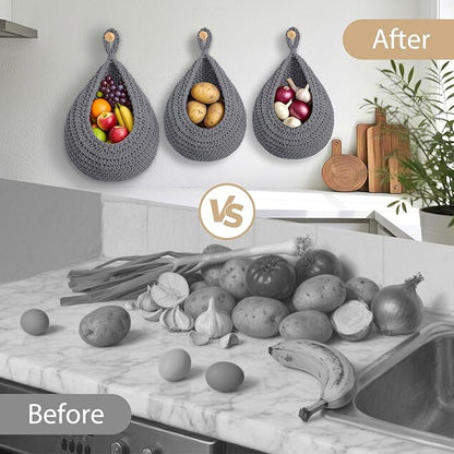 Hanging Fruit Baskets for Kitchen, 3 Pack Boho Cotton Rope Handwoven Vegetable