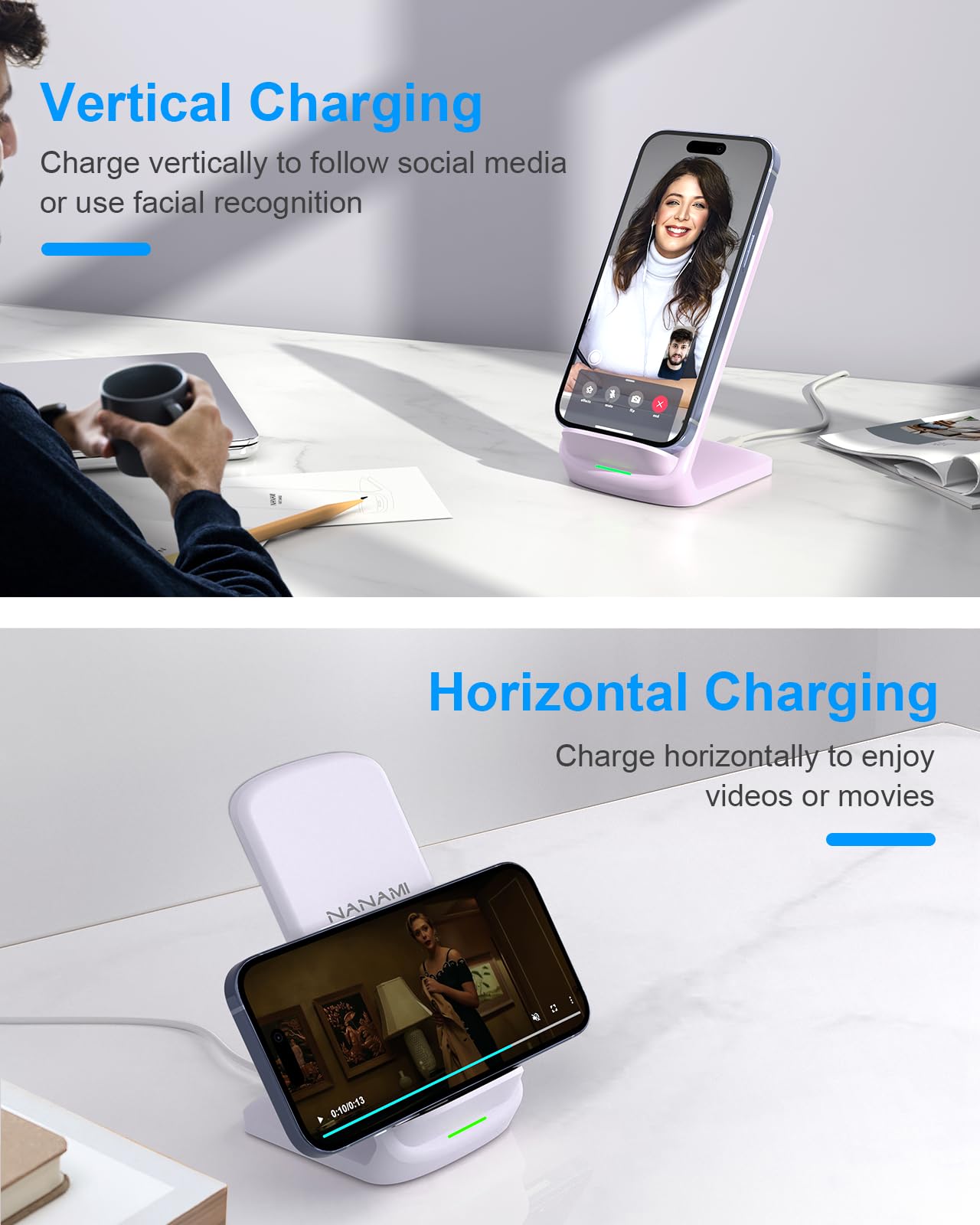 NANAMI Upgraded Fast Wireless Charger, Qi-Certified Wireless Charging Stand Compatible with Samsung Galaxy S25/S24/S23/S22/S21/S20 & Qi Phone Charger for iPhone 17/17 Air/16/16 Plus/16 Pro/15/14/13