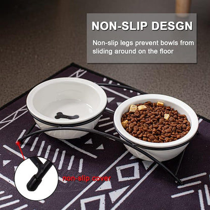 ZONEYILA Elevated Cat Bowls, Dog Bowl, Ceramic Raised Cat Food Water Bowl Set with Metal Stand for Indoor Cats Small Dog, Prevent Neck Pain,12 Ounces, Cute Dog Bone Pattern